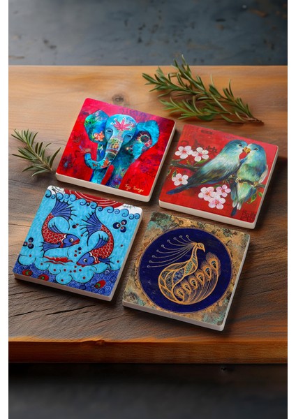 Çini Sanatı Taş Bardak Altlığı Seti, 10X10 Cm, 4'lü, Şık ve Dayanıklı Tasarım