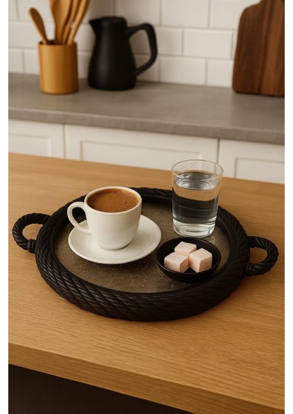 6'lı Örgü Desenli Yuvarlak Siyah Kahve Sunum Tepsisi Seti fiyatları