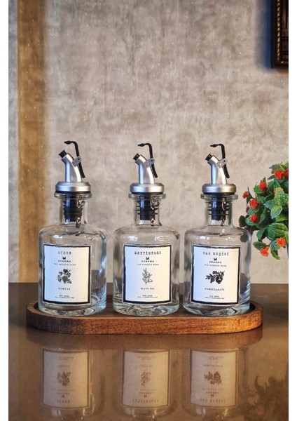 Ahşap Standlı 3'lü Şeffaf 250 ml Yağdanlık Seti