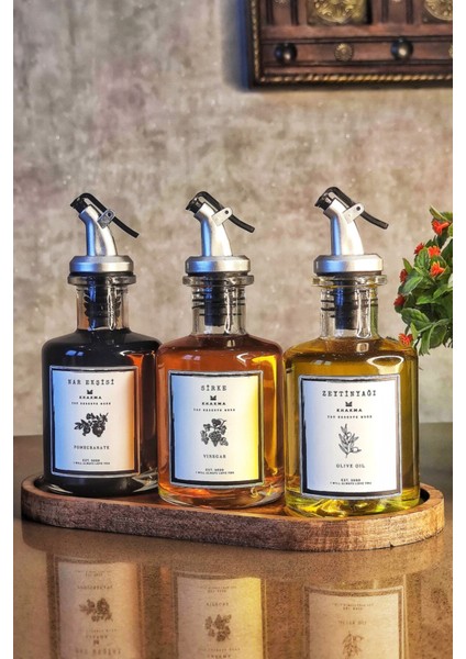 Ahşap Standlı 3'lü Şeffaf 250 ml Yağdanlık Seti modelleri