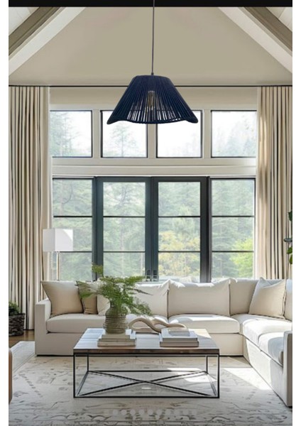 El Yapımı Siyah Ip Örmeli Dalga Model Tek Sarkıtlı Avize Aydınlatma Modelleri