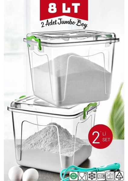 8 Lt Şeffaf Kare Kaplar, Jumbo Boy Un, Şeker, Bakliyat, 2'li Set
