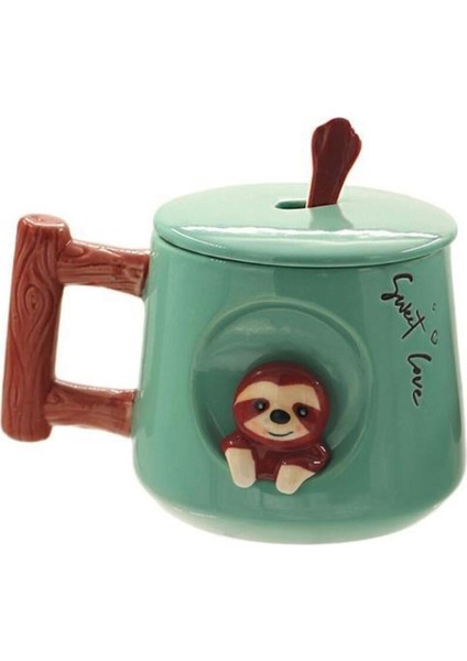 Yeşil Kapaklı ve Kaşıklı Tembel Hayvan Kupa 370 ml