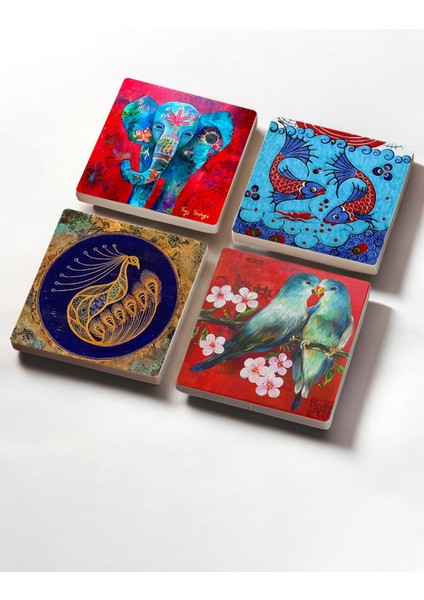 El Yapımı Çini Desenli 4'lü Masaüstü Altlık Seti, 10X10CM, Şık ve Dayanıklı fiyatları