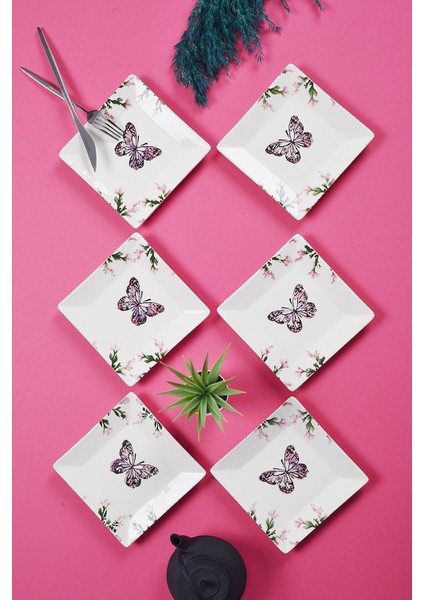 6'lı Renkli El Yapımı Kelebek Desenli Tatlı Tabak Seti, 15 Cm, Sunum ve Servis Için