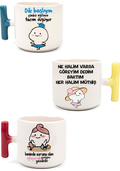 Renkli 3'lü Yazılı Mochi Kedi Tasarımlı Kulplu Kahve Fincan Seti