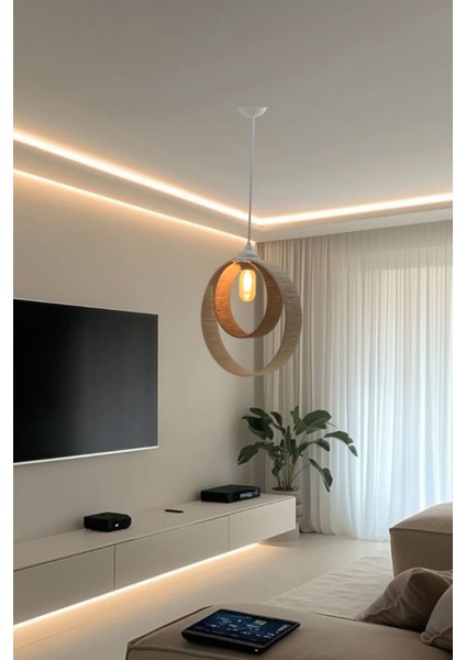 El Yapımı Ip Örmeli Kahverengi Krem Desenli Iç Içe Geçmiş Çember Model Tekli Sarkıt Avize