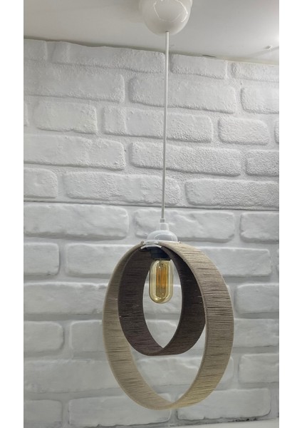 El Yapımı Ip Örmeli Kahverengi Krem Desenli Iç Içe Geçmiş Çember Model Tekli Sarkıt Avize modelleri