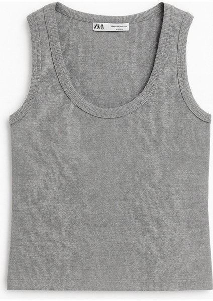 Kadın Gri Kaşkorse Kumaş Geniş Askılı Crop Bluz modelleri