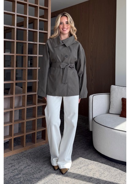 Kahverengi Katalina Kuşaklı Kısa Trençkot - 7002 modelleri