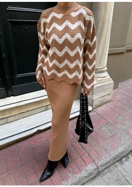 Zigzak Desenli Kazak ve Elbise Triko Takım modelleri
