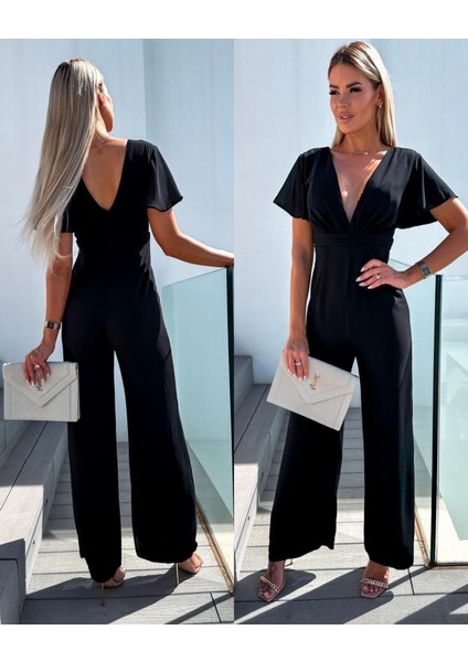 Kadın Kısa Kollu Kruvaze Yaka Sırt Dekolteli Pegasus Kumaş Tulum