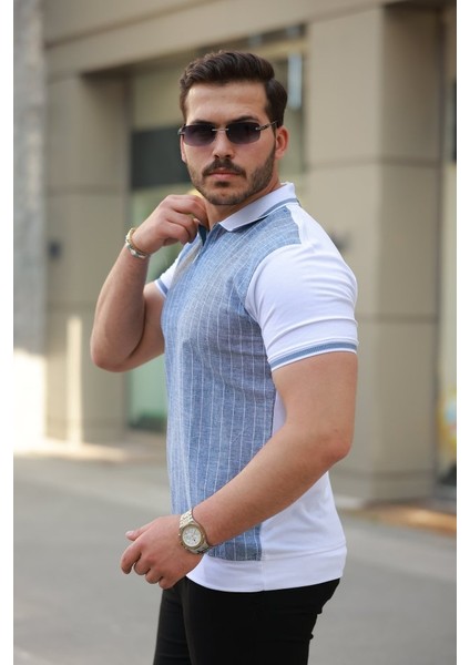 Erkek Fermuar Yakalı Çizgili Kısa Kollu Tişört fiyatları