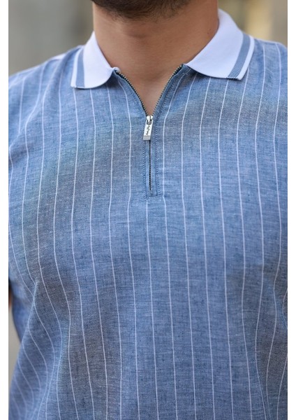 Erkek Fermuar Yakalı Çizgili Kısa Kollu Tişört modelleri