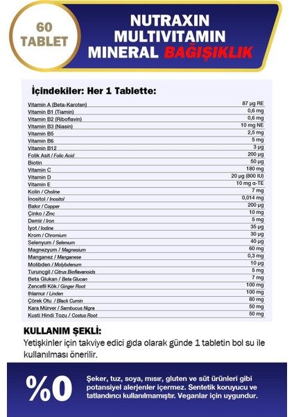 Nutraxin Multivitamin Mineral Immune 60 Tablet modelleri