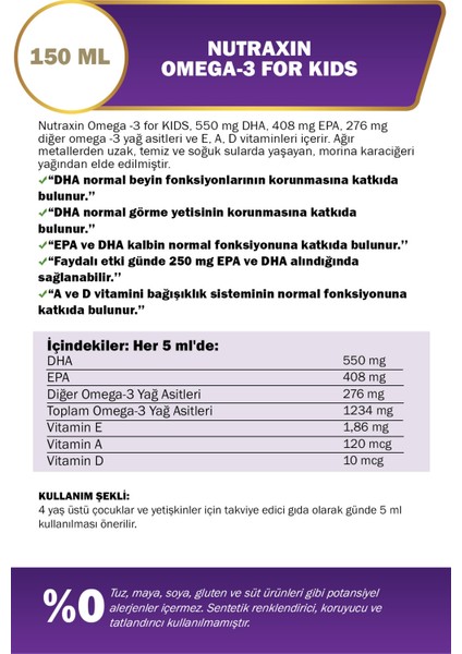 Nutraxin Omega 3 Şurup Karışık Meyve Aromalı 150 ml modelleri