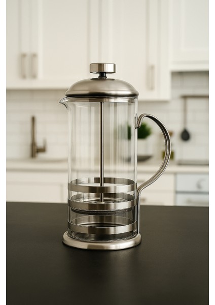 Natural Borosilikat Cam French Press Kış Çayı Filtre Kahve Demleme Demliği Ideal Boy Metalik