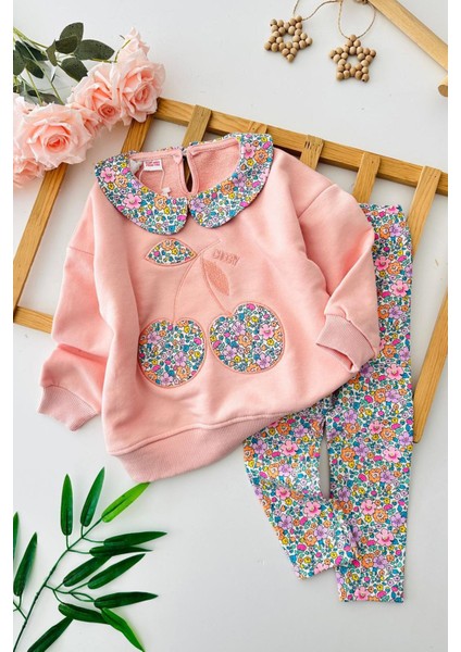 Kiraz Çiçeği Desenli Kız Çocuk Taytlı takım - Somon