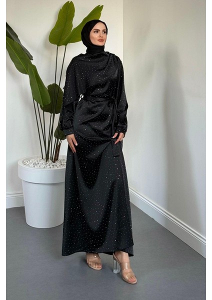 Noelle Taşlı Tek Omzu Pelerinli Abiye Siyah