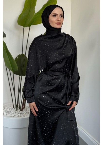 Noelle Taşlı Tek Omzu Pelerinli Abiye Siyah modelleri