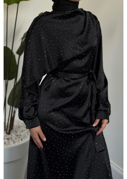 Noelle Taşlı Tek Omzu Pelerinli Abiye Siyah fırsatları