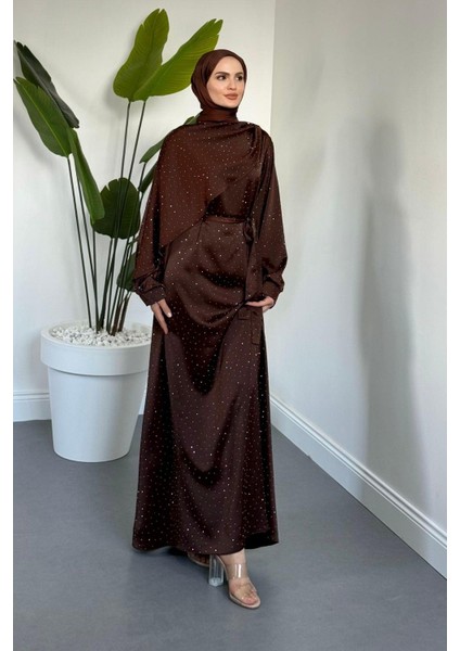 Noelle Taşlı Tek Omzu Pelerinli Abiye Kahverengi