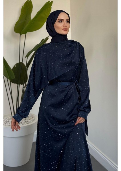 Noelle Taşlı Tek Omzu Pelerinli Abiye Lacivert modelleri