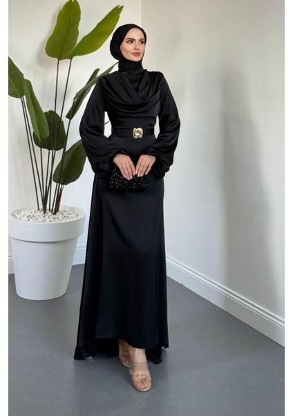 Merryna Kemerli Kuyruklu Saten Abiye Siyah