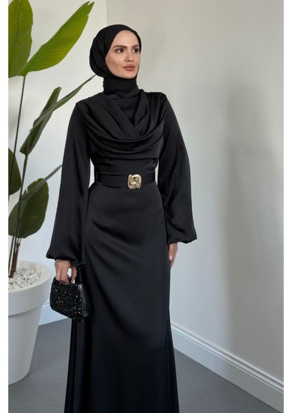 Merryna Kemerli Kuyruklu Saten Abiye Siyah modelleri