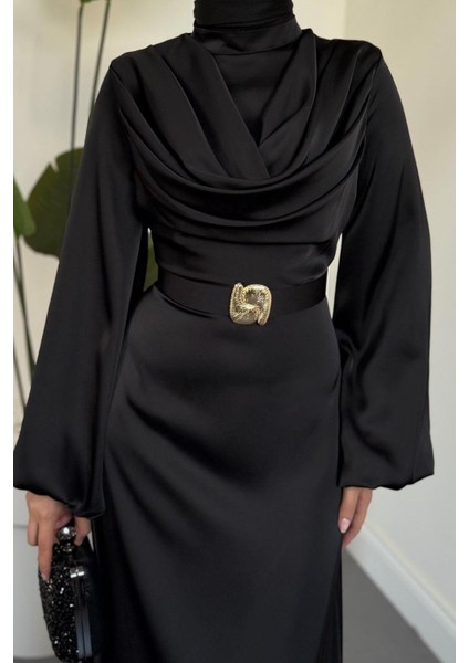 Merryna Kemerli Kuyruklu Saten Abiye Siyah fırsatları