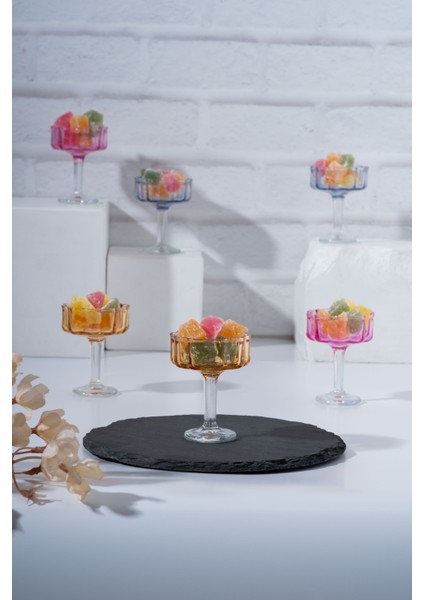 Altı Parçalı Renkli Ayaklı Cam Lokum ve Şekerlik Seti, 6x8 cm