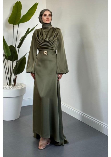 Merryna Kemerli Kuyruklu Saten Abiye Haki