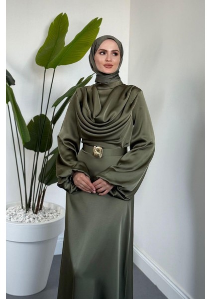 Merryna Kemerli Kuyruklu Saten Abiye Haki modelleri