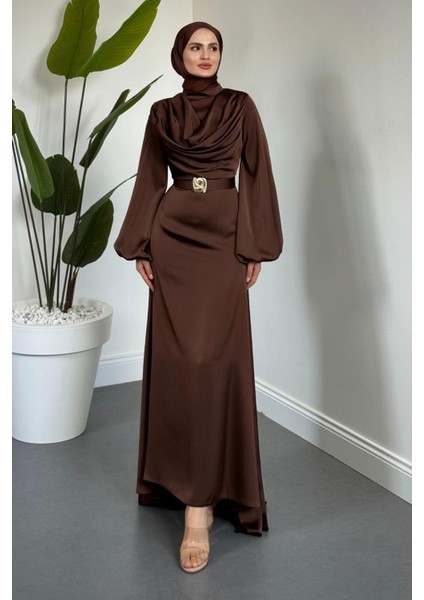 Merryna Kemerli Kuyruklu Saten Abiye Kahverengi