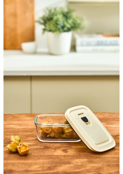 Vakumlu Kapaklı Cam Saklama Kabı 0.4 Lt - Bej Renk fırsatları