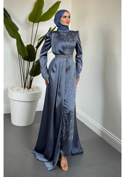 Fery Pelerinli Taşlı Saten Abiye Gri