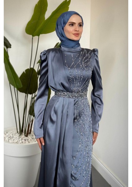 Fery Pelerinli Taşlı Saten Abiye Gri fiyatları