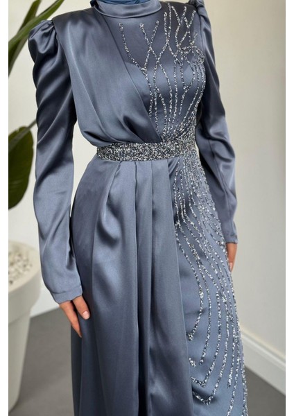 Fery Pelerinli Taşlı Saten Abiye Gri modelleri