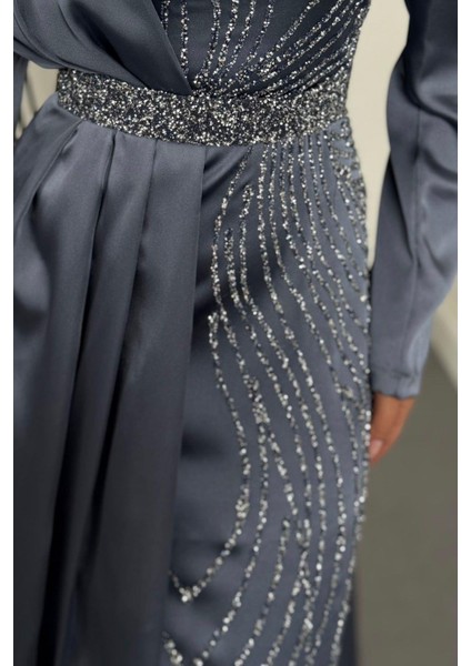 Fery Pelerinli Taşlı Saten Abiye Gri fırsatları