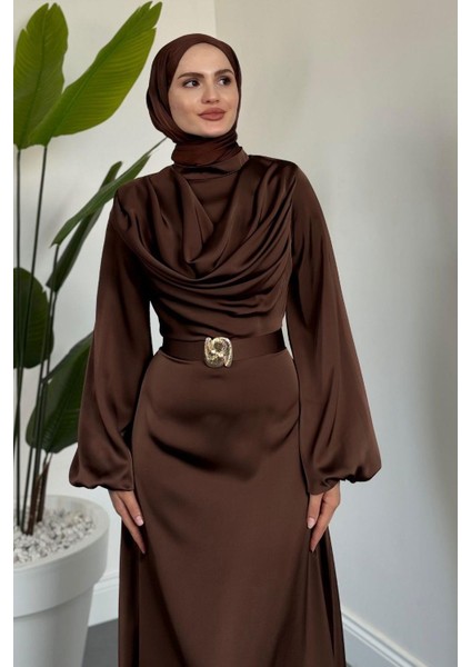 Merryna Kemerli Kuyruklu Saten Abiye Kahverengi modelleri