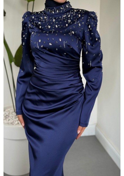 Wanda Saten Taşlı Balık Abiye Lacivert modelleri