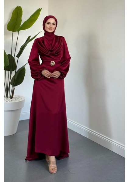 Merryna Kemerli Kuyruklu Saten Abiye Bordo