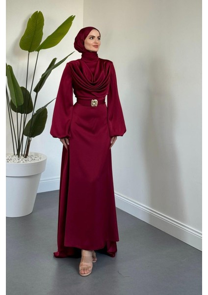 Merryna Kemerli Kuyruklu Saten Abiye Bordo fiyatları