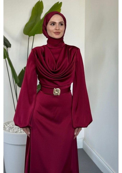 Merryna Kemerli Kuyruklu Saten Abiye Bordo modelleri