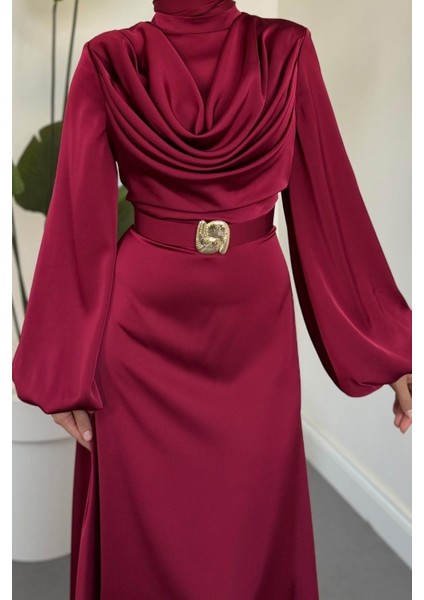 Merryna Kemerli Kuyruklu Saten Abiye Bordo fırsatları