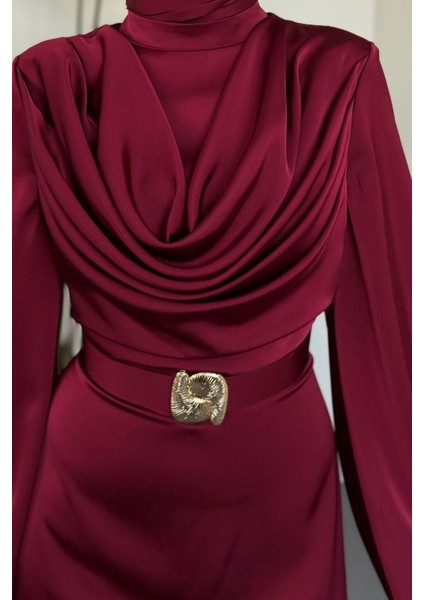 Merryna Kemerli Kuyruklu Saten Abiye Bordo indirimleri