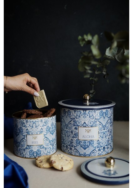 Mavi Desenli Metal Saklama Kabı Seti, 2'li, 1,7 ve 3,5 Litre Kapasite