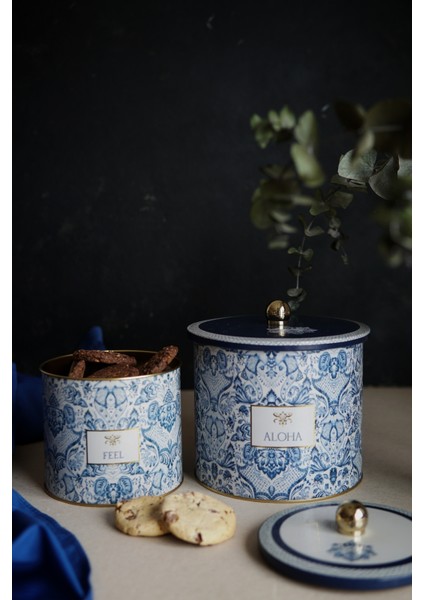 Mavi Desenli Metal Saklama Kabı Seti, 2'li, 1,7 ve 3,5 Litre Kapasite fiyatları