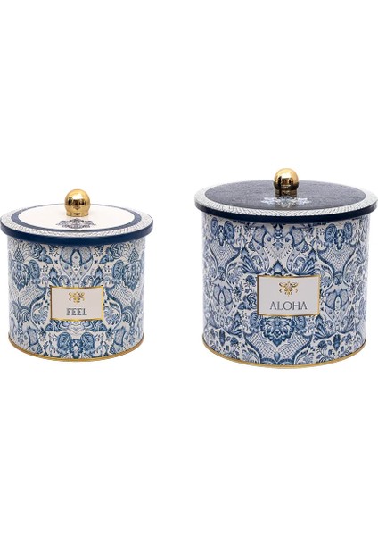 Mavi Desenli Metal Saklama Kabı Seti, 2'li, 1,7 ve 3,5 Litre Kapasite modelleri