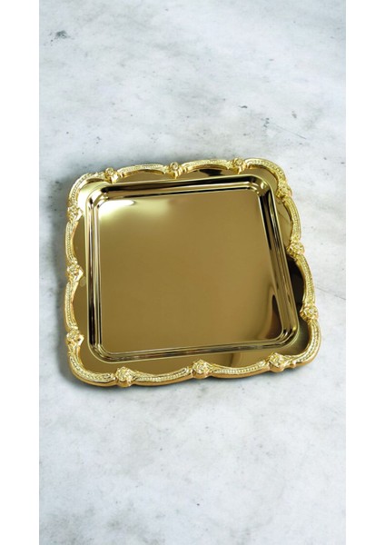 Gül Çerçeveli Lüks Sunum Tepsisi, 23X23CM, Şık ve Zarif Gold Tasarım fiyatları